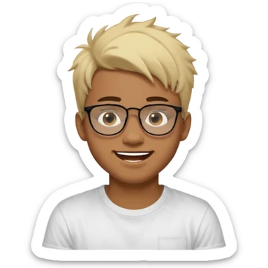 Teenager. Short buzz, messy blonde hair. Dark brown bushy eyebrows large expressive golden-brown eyes, brown skin color, scar over nose, wearing a plain white t-shirt. wearing clear thick black glasses. 20 year old male. laugh facial expression. brown skin color.  sticker
