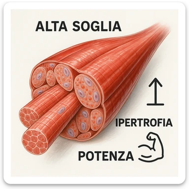 hyper realistic illustration of high threshold fast contracting muscle fibers, highly hypertrophiable, with internal Italian text 'alta soglia', 'ipertrofia', 'potenza', cellular details, growth symbols, clinical atmosphere, white background sticker