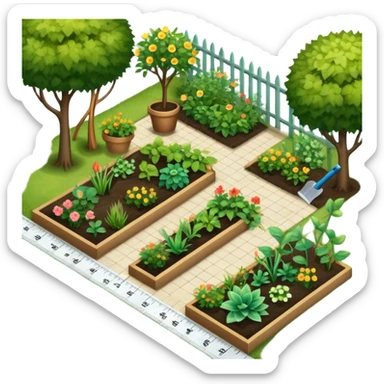 Icon for Landscape Design: a garden layout with plants, trees, paths, and design tools like a spade, pencil and measuring tape. The icon should represent creativity in outdoor space planning and gardening. Transparent background. sticker
