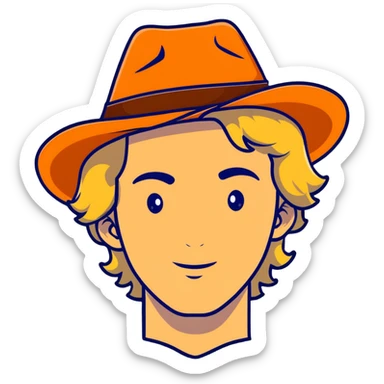 young man with wavy blonde hair, blank face, orange cowboy hat sticker