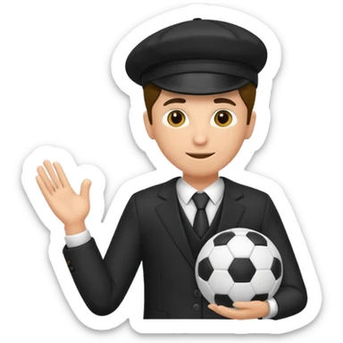Director tecnico de futbol, con un traje negro, gorra y un balon de futbol bajo el brazo sticker