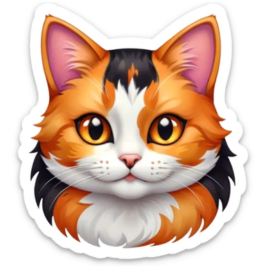 Cinematic Cute Calico Cat Portrait Emoji, Head tilted playfully with sparkling, inquisitive eyes and a charming patchwork fur of orange, black, and white, simplified yet irresistibly adorable, highly detailed, glowing with a warm, inviting glow, high shine, bubbly and affectionate, styled with a touch of whimsical feline charm, soft glowing outline, capturing the essence of a delightfully cute calico cat that looks as if it could prance off the screen into your heart! sticker
