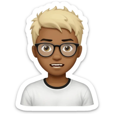 Black Male Teenager with Short punk messy blonde hair, Dark brown bushy eyebrows large expressive golden-brown eyes, wearing a plain white t-shirt, wearing thick black glasses, Dark Brown skin color. vampire tooth sticker