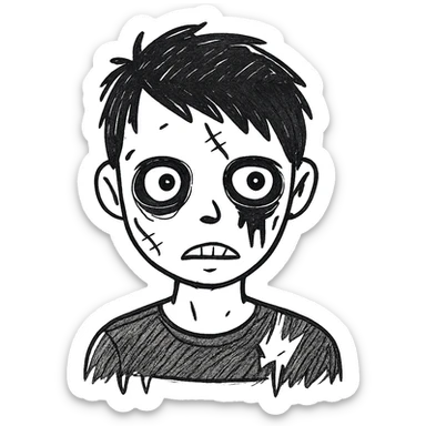 Add more zombie details such as greenish skin, visible stitches, and a scar. Keep the messy black emo hair and black shirt. No background. sticker