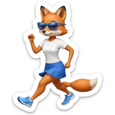 friendly anthropomorphised female fox in skirt and t-shirt, wearing dark sunglasses, jogging upright in relaxed pose sticker