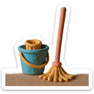 bucket and mop in claymation style, pastel colors, visible fingerprints, soft matte finish sticker