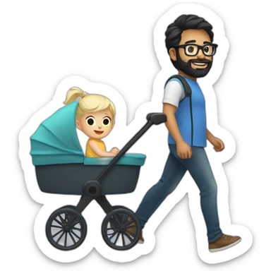 Black haired man with beard and glasses pushing buggy with blonde baby sticker