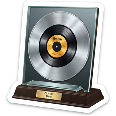 A platinum music award plaque: a square, polished platinum plate with a subtly textured, mirror-like finish, mounted on a simple dark wood base. The center features a relief of a or stylized vinyl record in a slightly darker metallic tone.  sticker