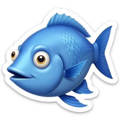 ridiculously derpy blue fish with crossed eye and silly underbite, perfect flat side profile facing right, exactly 90 degrees, completely 2D like a paper cutout, only one eye visible, absolute side view sticker