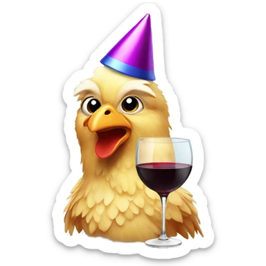Chicken with a party hat and wine glass sticker