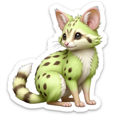 Light-neon-green, soft realistic romantic vintage antique divine beautiful elegant pretty precious cute young youthful  Fakémon-Pokémon-opossum-feline-mouse-serval-caracal-chinchilla-Minccino-Cinccino-Meowstic-rodent-hybrid-creature with a big fluffy bushy tail (full body) sticker