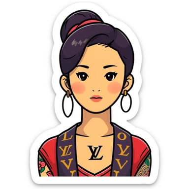 Asian woman with LV tattoo on left cheek sticker