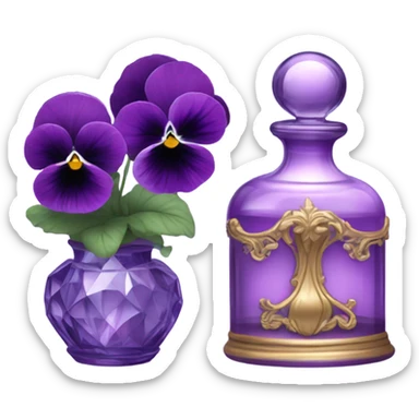 A pink aesthetic still-life: a decorative candle in a glass jar, violet pansies in a crystal vase, and an ornate purple perfume bottle sticker