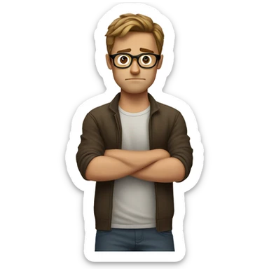 White guy, Arms folded, upset, brown hair, circular glasses sticker