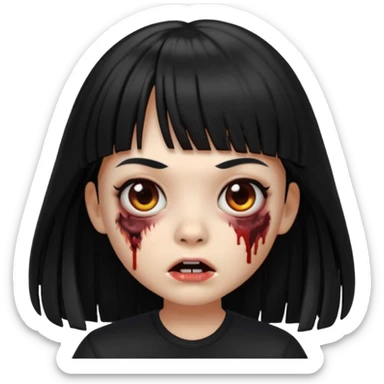 A zombie girl in Apple Memoji format with long, straight black hair with bangs, wearing a black shirt. sticker