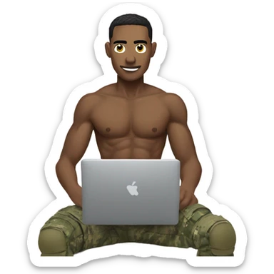 Army man without a shirt ripped, playing on the computer sticker