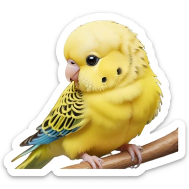 Cinematic Cute Yellow Budgie Portrait Emoji, Head tilted playfully and inquisitively, featuring a radiant yellow feathered fur with a natural sheen, round, sparkling dark eyes filled with curiosity, Simplified yet irresistibly adorable features, highly detailed, glowing with a warm, friendly glow, high shine, affectionate and lively, stylized with a touch of whimsy, bright and endearing, soft glowing outline, capturing the essence of a mischievous yet loving budgie, so playful it feels like it could chirp out of the screen and into your arms! sticker