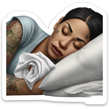 Hyper Realistic Beautiful tattooed woman crying holding a tissue lying on her bed sticker