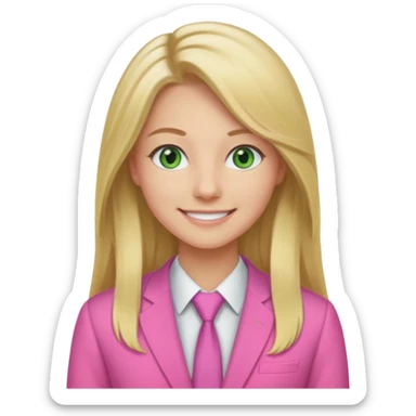 long blonde hair, real estate broker, 20, smile, green eyes, pink corporate clothes sticker
