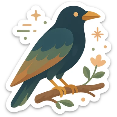 A mysterious crow perched on a branch, surrounded by a soft, magical atmosphere. The crow’s feathers are deep, dark hues with hints of golden orange (FA9B41), forest green (4A7C5C), muted taupe brown (96775A), and pastel peach (FFCC9A) subtly blending into its plumage. The branch is weathered and textured, with small leaves in green and peach tones, and delicate flowers or tiny sparks floating around. The lighting is soft and ambient, casting a warm, mystical glow over the scene, creating a quiet yet enchanting atmosphere. The crow’s sharp eyes and poised posture add to the mysterious, slightly gothic vibe of the moment sticker