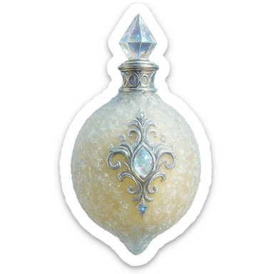 luxurious crystal elixir bottle in frozen lemon shape, frosty pale yellow color, icy and sparkling effects, ornate silver and iridescent details, magical glowing, very small neck, seamless bottom, bottle clearly floating in air, no base or shadow, modern, collection style, transparent background sticker