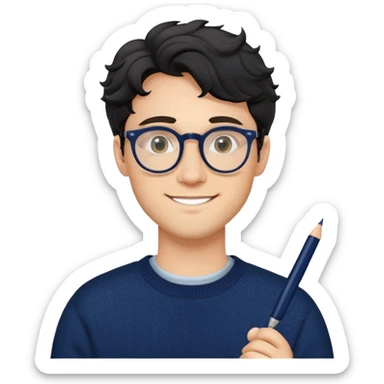 Young caucasian man with black wavy hair, round glasses, navy blue sweater, confident trustworthy smile, professional designer with pen sticker