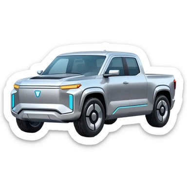 A futuristic electric pickup truck emoji, silver chrome body, angular cyber design, smooth metallic panels, subtle reflections, minimalistic proportions, iOS emoji style, centered composition, clean white background, soft lighting sticker