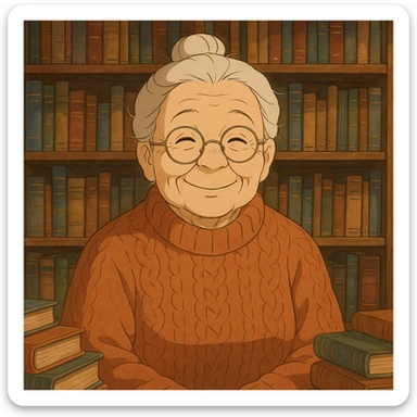 ghibli style elderly smiling librarian granny, warm expression, glasses, cozy sweater, surrounded by books sticker