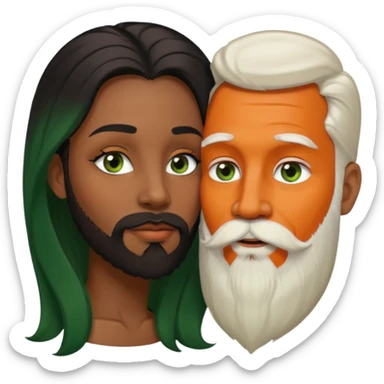 Brown eyed ebony black woman with brown eyes and long balayage brown/black hair.  She is kissing bald white man. The White man is 47yrs old, pale, he has green eyes has orange facial hair and long beard  sticker