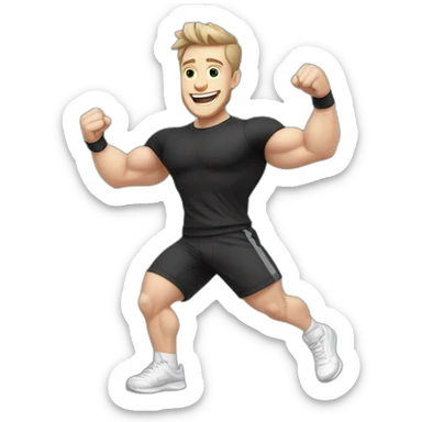 Joyful Celebrating victory Pale skinned Fit Man With the biceps and dark brown hair in black shirt, gray sports shorts and white Sneakers sticker