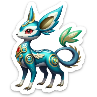 Shiny Colorful Futuristic Ornate Painted Asian Vernid-Trico-Meloetta-Latias-Koraidon-Peppercat-Protogen-Pokémon-Digimon-Fakémon-fusion-hybrid-creature sticker
