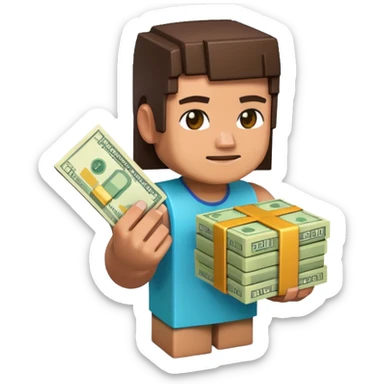 emoji style icon, minecraft blocky character holding a stack of money, pixel art style, bright colors, simple background, 3D glossy emoji, centered composition, soft shadow, high detail, clean outline, white background sticker