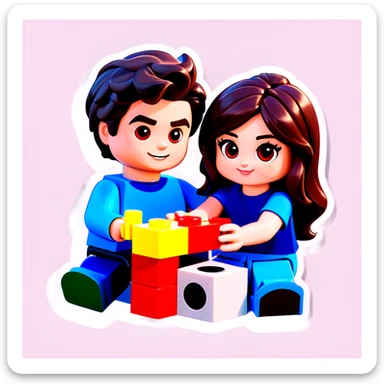 A handsome young man with dark hair, a little heavy sits with his girlfriend with cascading, dark brown hair, flowing down her face as they sit together playing Legos sticker