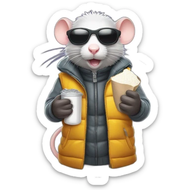 badass rat in bodywarmer wearing sunglasses holding a small half-filled plastic bag of powdered sugar sticker