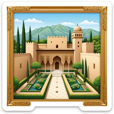 Cinematic Realistic Alhambra Landmark Emoji, showcasing the ornate historic palace with lush gardens rendered with rich textures and soft, majestic lighting. sticker