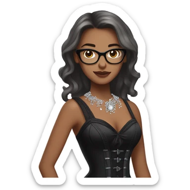 Girl with shoulder length hair and glasses wearing a long black dress with a rhinestone coveted corset top dancing, brown straight hair and grey eyes  sticker