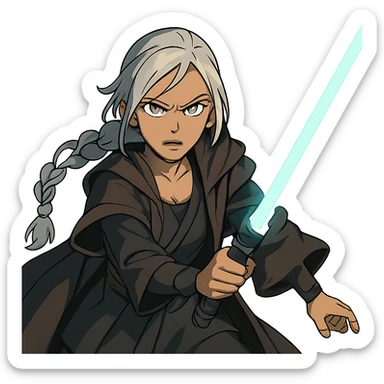  a closeup portrait of young woman with gold yellow eyes, white hair, long braid, black off-shoulder top, punk gothic style, futuristic cyberwave cyberpunk,  jedi attire and posture robes of a padawan, foreweilding a bright blue-green lightsaber, angry fierce face expression, power stance, wide angle shot sticker