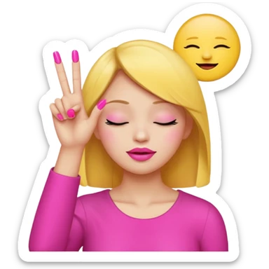 Yellow circle emoji sighing and drumming fingers up the side of their head the eye is closed it is a side profile pink lipstick and pink nails sticker