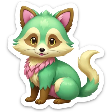 Colorful brown with rose-pink, yellow-beige-cream, jade-green tropical exotic shiny beautiful fantasy-Vernid-Cacomistle-animal-Fakémon-hybrid-fursona (full body) sticker