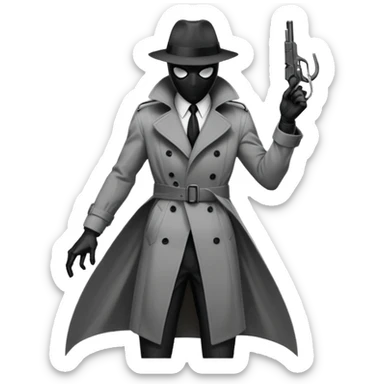 Die-cut sticker of Spider-Noir, monochrome black and grey palette, trench coat fluttering, 1940s detective aesthetic. Sharp edges, heavy shadows, white border, isolated on white background, high detail. sticker