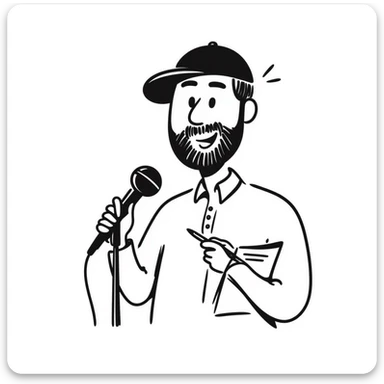 bearded songwriter in his 30s with backwards cap, enthusiastic smile, gripping microphone with one hand and pencil with other sticker