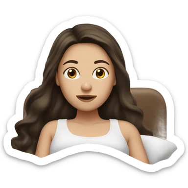 white girl with long dark brown hair in a bed with beige comforter sticker