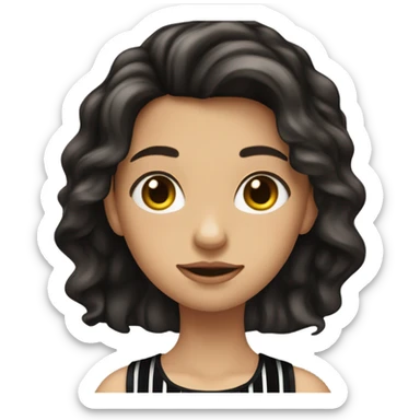 a girl with long dark brown wavy hair and black stripped dress, the face like freen sarocha sticker
