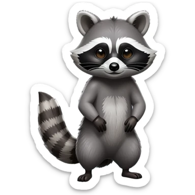 Cinematic-Raccoon-Realistic-Full-Body-Standing on all fours-Emoji – Tail flicking lazily, head tilted dramatically, thick grey fur with a signature black mask, sharp and alert ears, simplified yet realistic focused features, highly detailed, glowing with an almost sarcastic glow. sticker