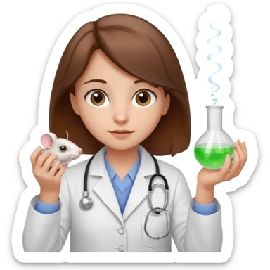 a cute brown haired girl with hazel eyes holding a white mice in hand doing experiment in lab sticker