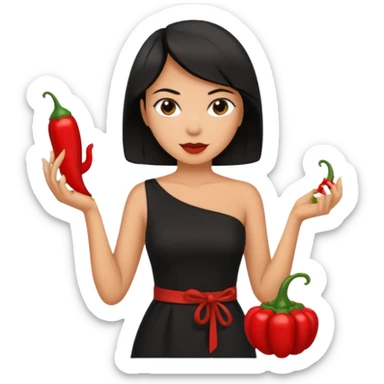 black short shoulder length hair tanned woman, black dress cooking, holding chili pepper sticker