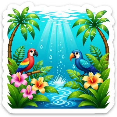 Lush exotic tropical sparkly colorful flowery jungle nature glittery water tropical birds scenery  sticker