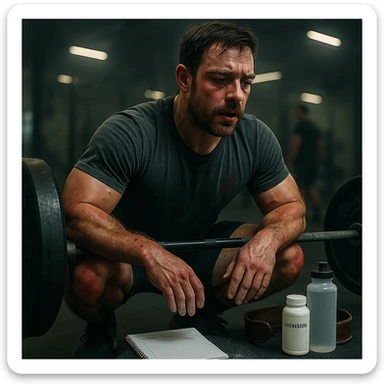 In the style and atmosphere of the reference image, show a muscular 30-year-old man during a squat with a barbell, tired face, hands with chalk, diary nearby, dark circles and redness on joints. On the floor: water bottle, magnesium, belt. Blurred gym background with cold lighting. Cinematic realism. sticker