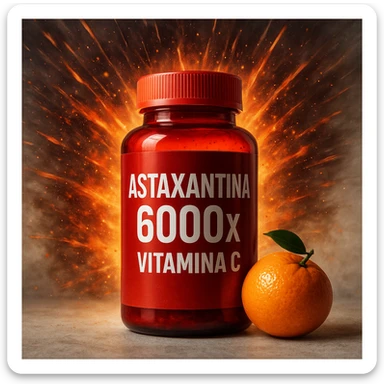 hyper realistic astaxanthin with explosive energy effect, red bottle, small orange next to it, text 'Astaxantina 6000x Vitamina C', dynamic atmosphere, light background sticker
