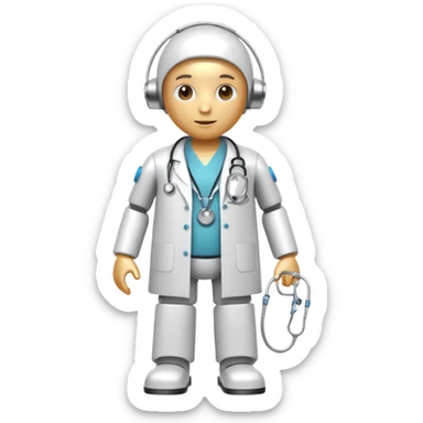medical robot wearing a white coat and a stethoscope sticker